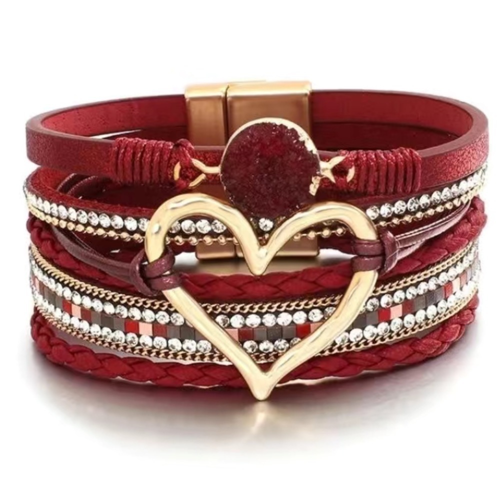 Wine Red Faux Leather Multi Layer Heart Crystal Druzy Magnetic Bracelet